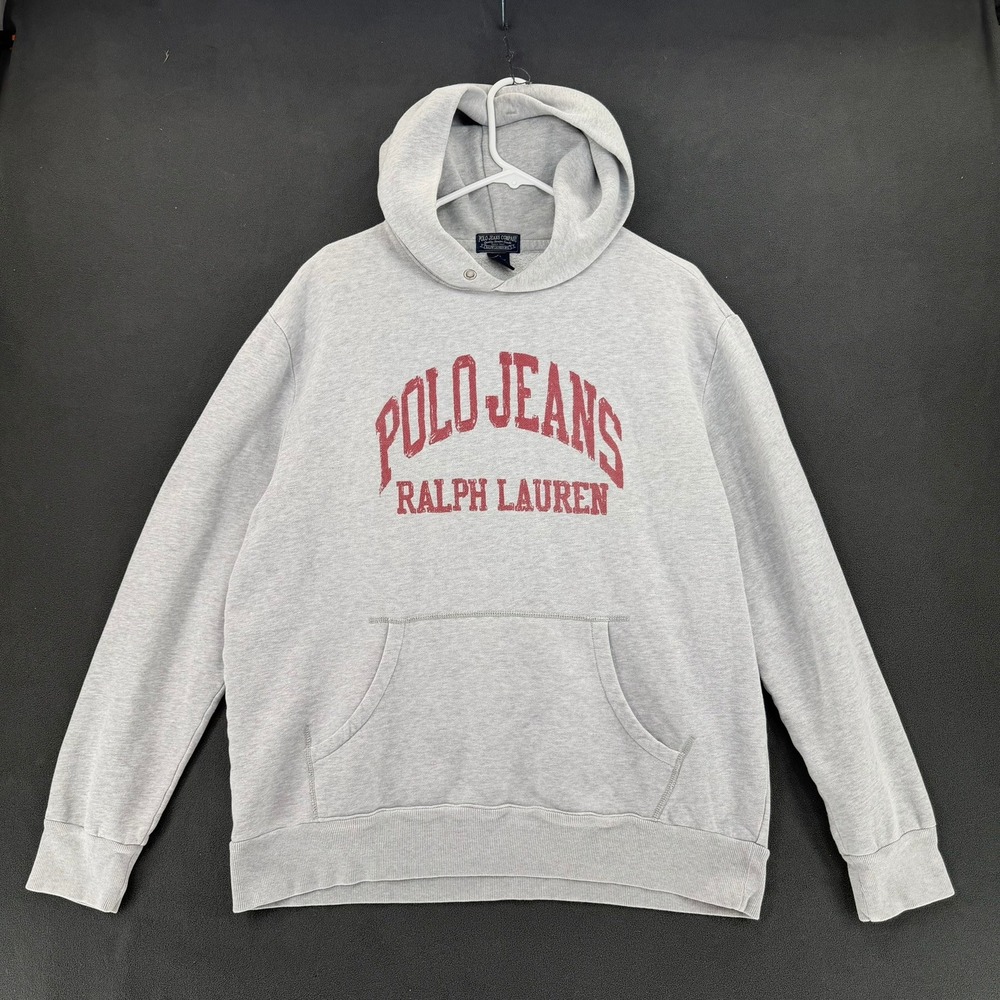 Polo Jeans Ralph Lauren Fleece Hoodie Men L Gray Spellout Pullover Sweatshirt